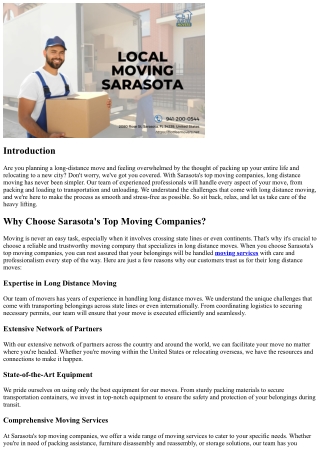 Long Distance Moving Made Simple with Sarasota's Top Moving Companies