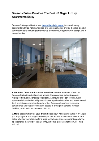 Seasons Suites Provides The Best JP Nagar Luxury Apartments Enjoy