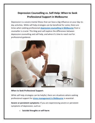 Depression Counselling vs. Self-Help When to Seek Professional Support in Melbourne