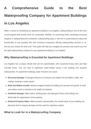 A Comprehensive Guide to the Best Waterproofing Company for Apartment Buildings in Los Angeles