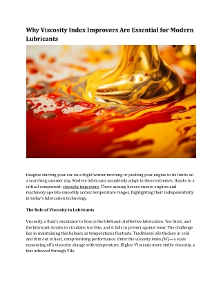 Why Viscosity Index Improvers Are Essential for Modern Lubricants