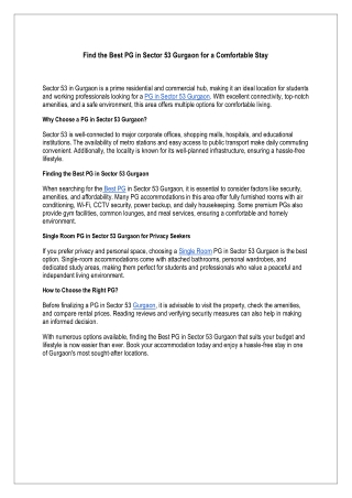 Find the Best PG in Sector 53 Gurgaon for a Comfortable Stay