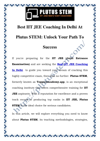 Best IIT JEE Coaching in Delhi | Plutus STEM – Your Gateway to IIT Success!
