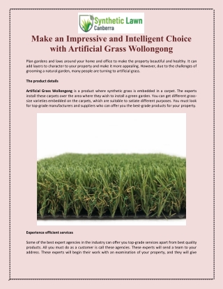 Make an Impressive and Intelligent Choice with Artificial Grass Wollongong