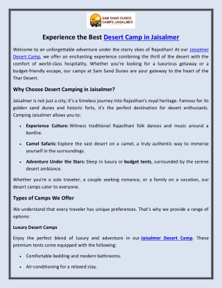 Experience the Best Desert Camp in Jaisalmer
