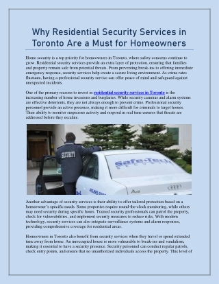Why Residential Security Services in Toronto Are a Must for Homeowners