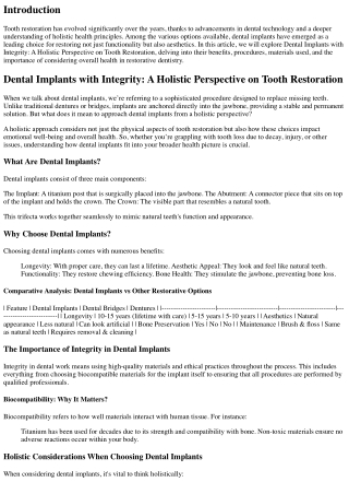 Dental Implants with Integrity: A Holistic Perspective on Tooth Restoration
