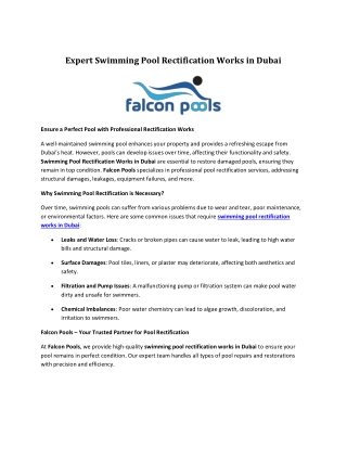 Expert Swimming Pool Rectification Works in Dubai
