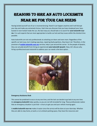 Reasons to Hire an Auto Locksmith Near Me for Your Car Needs