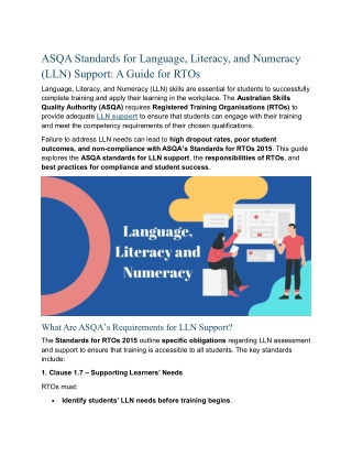ASQA Standards for LLN Support: A Guide for RTOs