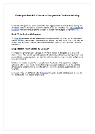 Finding the Best PG in Sector 45 Gurgaon for Comfortable Living