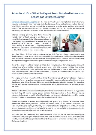 Monofocal IOLs - What To Expect From Standard Intraocular Lenses For Cataract Surgery