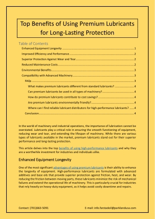 Top Benefits of Using Premium Lubricants