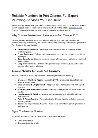 Reliable Plumbers in Port Orange, FL | Expert Plumbing Services