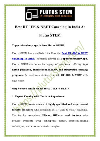 Best IIT JEE & NEET Coaching in India at Plutus STEM |