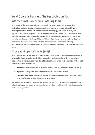 Build Operate Transfer The Best Solution for International Companies Entering India