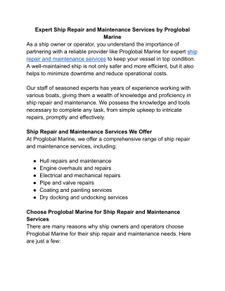 Expert Ship Repair and Maintenance Services by Proglobal Marine