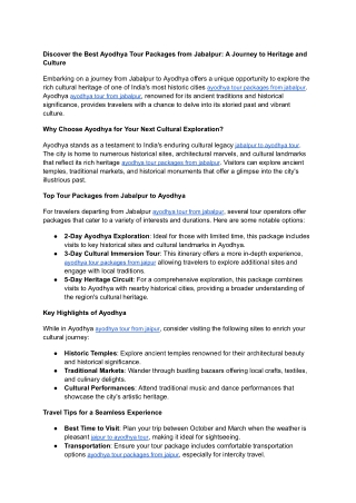 Discover the Best Ayodhya Tour Packages from Jabalpur_ A Journey to Heritage and Culture