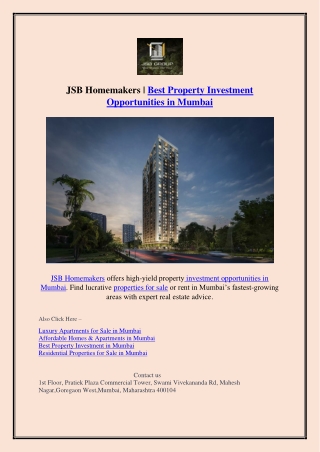 JSB Homemakers  Best Property Investment Opportunities in Mumbai