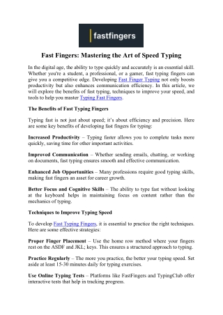 Improve Fast Typing Fingers Speed at Fast Fingers Today