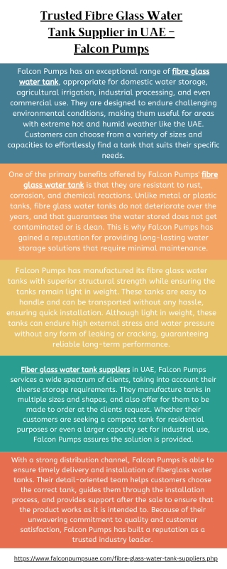 Trusted Fibre Glass Water Tank Supplier in UAE – Falcon Pumps