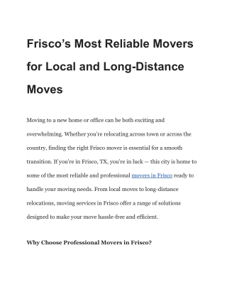 Frisco’s Most Reliable Movers for Local and Long-Distance Moves