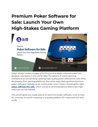 Premium Poker Software for Sale_ Launch Your Own High-Stakes Gaming Platform