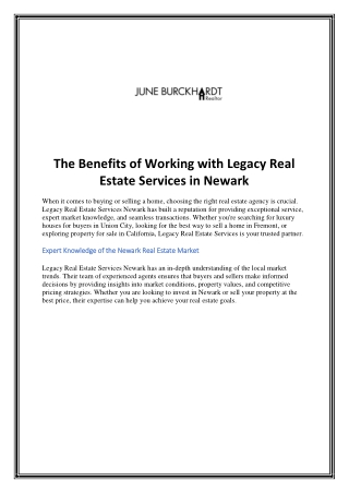 The Benefits of Working with Legacy Real Estate Services in Newark