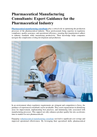 Pharmaceutical Manufacturing Consultants Expert Guidance for the Pharmaceutical Industry