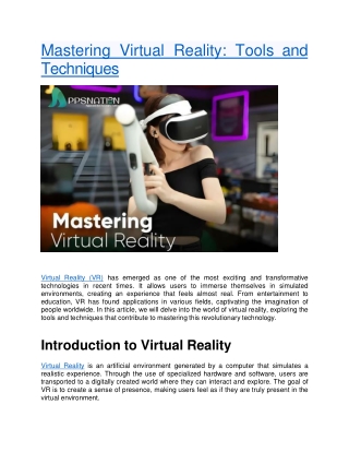 Mastering Virtual Reality Tools and Techniques