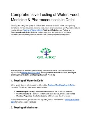 Comprehensive Testing of Water, Food, Medicine & Pharmaceuticals in Delhi