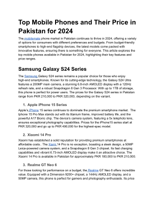 Top Mobile Phones and Their Price in Pakistan for 2024