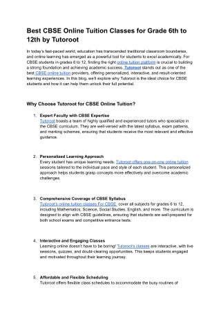 Best CBSE Online Tuition Classes for Grade 6th to 12th by Tutoroot