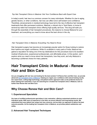 hair transplant clinic in madurai - Renew Hair and Skin Care