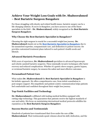Achieve Your Weight Loss Goals with Dr. Shabeerahmed – Best Bariatric Surgeon Bangalore