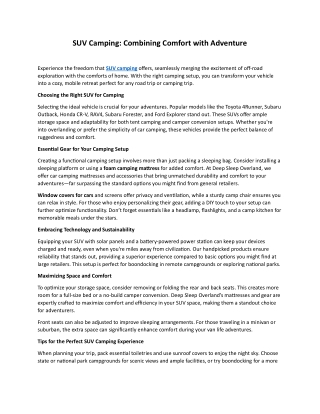 SUV Camping - Combining Comfort with Adventure