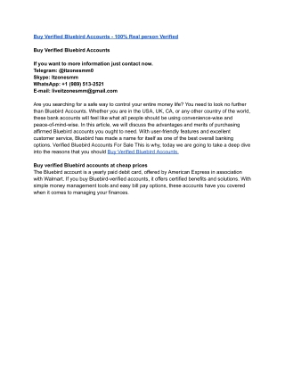 Buy Verified Bluebird Accounts - 100% Real person Verified