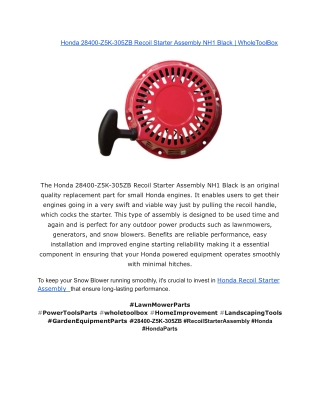 Honda 28400-Z5K-305ZB Recoil Starter Assembly NH1 Black _ WholeToolBox