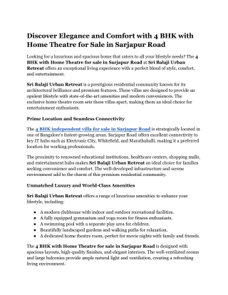 Discover Elegance and Comfort with 4 BHK with Home Theatre for Sale in Sarjapur Road