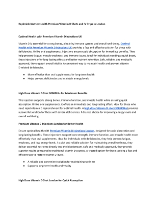 Replenish Nutrients with Premium Vitamin D Shots and IV Drips in London