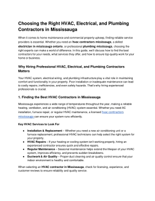 Choosing the Right HVAC, Electrical, and Plumbing Contractors in Mississauga