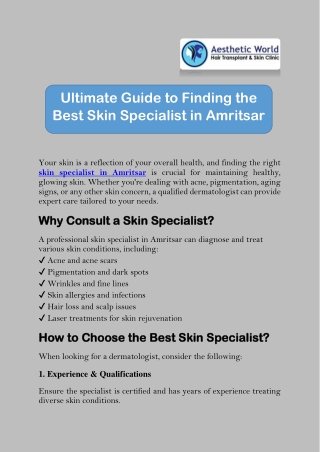Best Skin Specialist in Amritsar – Advanced Skin Treatments | Aesthetic World