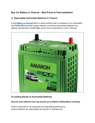 Buy Car Battery in Chennai – Best Prices & Free Installation