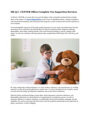 HK Q.C. CENTER Offers Complete Toy Inspection Services