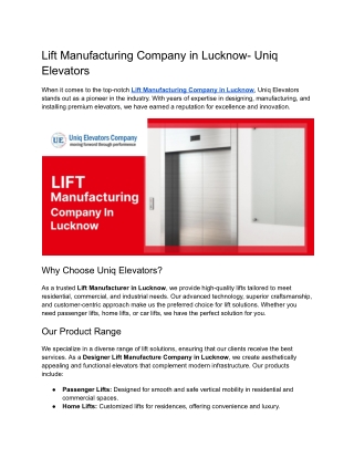 Lift Manufacturing Company in Lucknow- Uniq Elevators