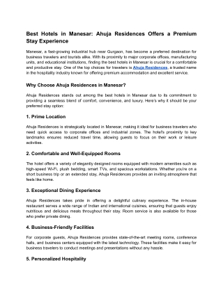 Best Hotels in Manesar_ Ahuja Residences Offers a Premium Stay Experience