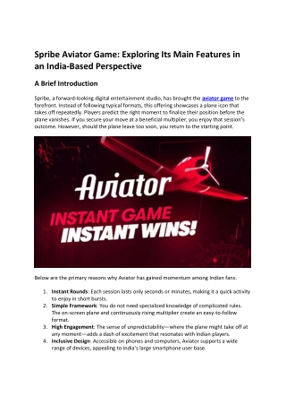 Spribe Aviator Game Exploring Its Main Features in an India-Based Perspective
