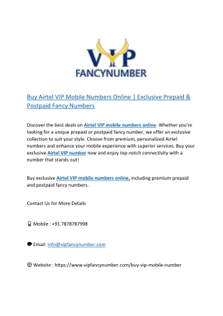 Buy Airtel VIP Mobile Numbers Online | Exclusive Prepaid & Postpaid Fancy Number