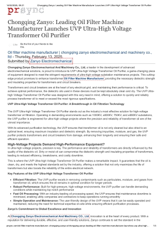 Chongqing Zanyo_ Leading Oil Filter Machine Manufacturer Launches UVP Ultra-High Voltage Transformer Oil Purifier