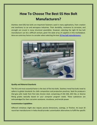 How To Choose The Best SS Hex Bolt Manufacturers?